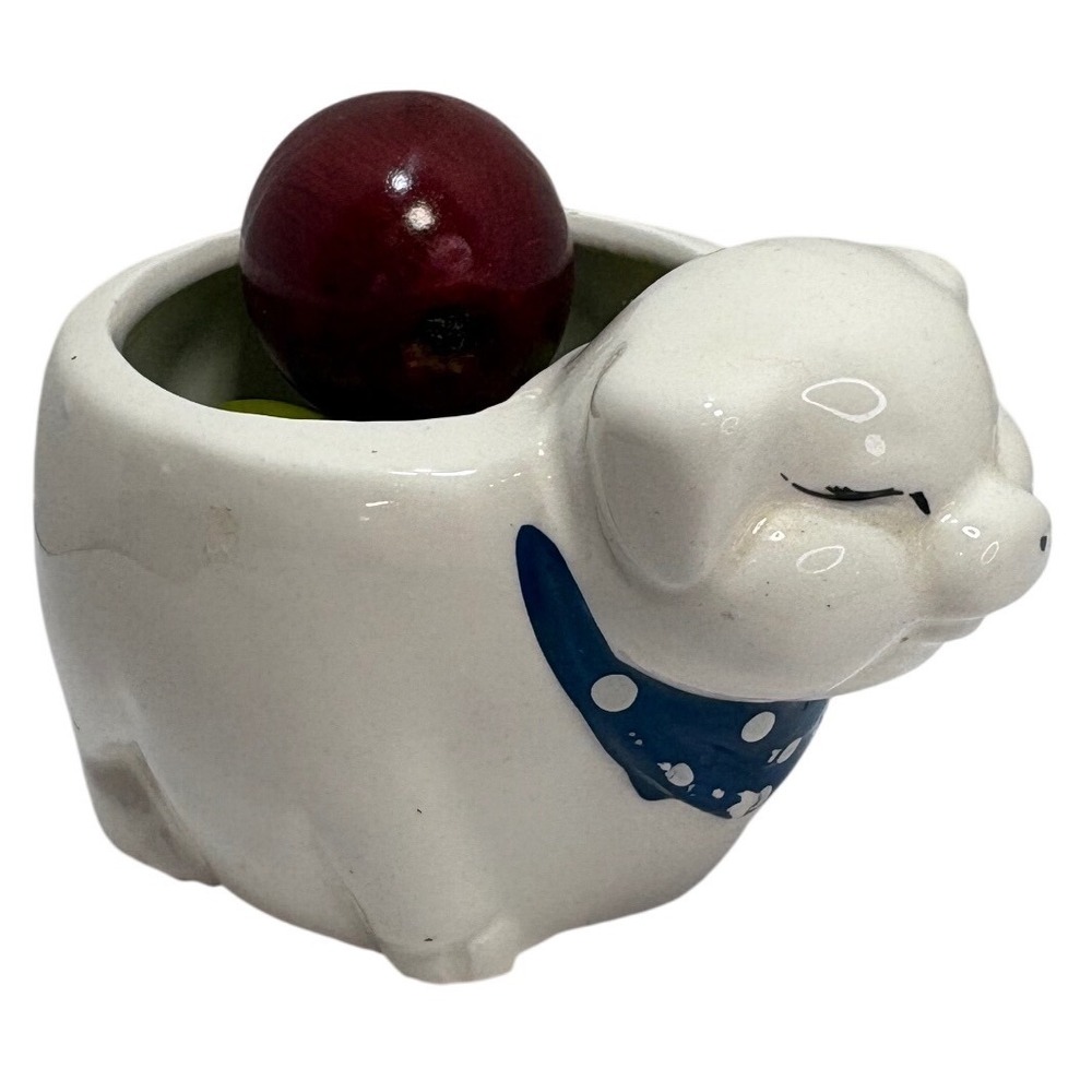 Ceramic Pig Planter White Blue Polka Dot Bandana Succulent Pot Vintage